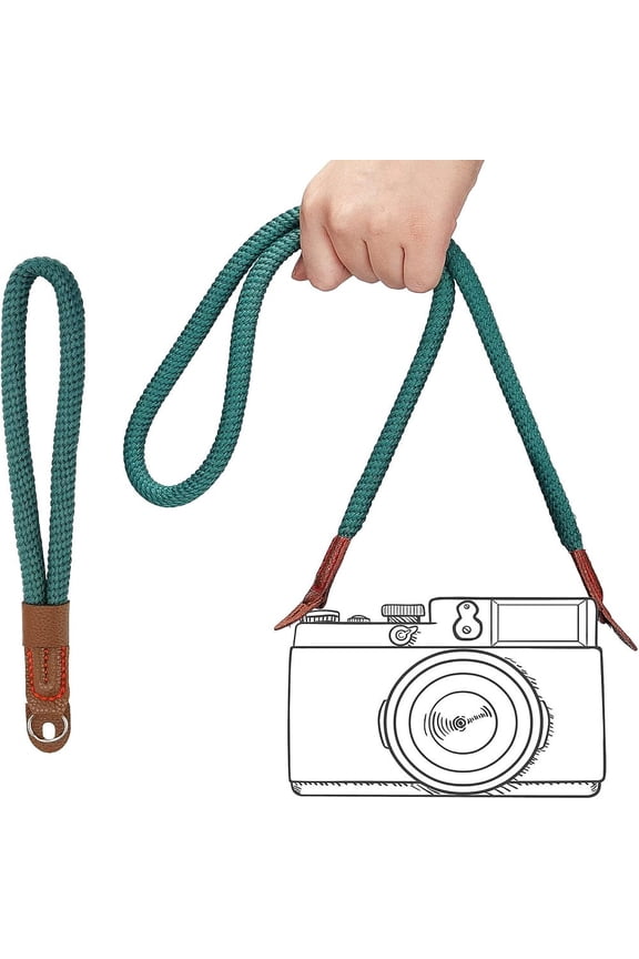 2Pcs 2 Style Nylon Camera Neck Straps & Wristlet Straps Camera Tether with PU Leather End Cover & Iron Key Rings Dark Green 950x19x9mm & 245x21x12mm