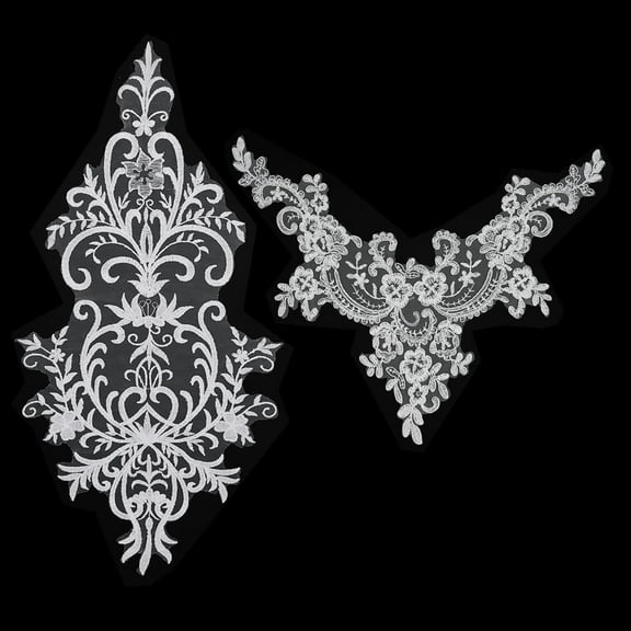 2Pcs 2 Style Polyester Computerized Embroidery Collar Trim Clothes Sewing Applique Edge Floral Lace False Collar Back DIY Accessory White