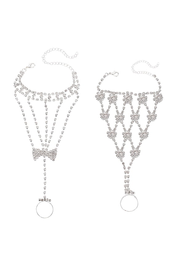 2Pcs 2 Style Rhinestone Tennis Ring Bracelet Brass Chain Bracelet with Adjustable Finger Ring Hand Chain Hand Harness for Women Silver