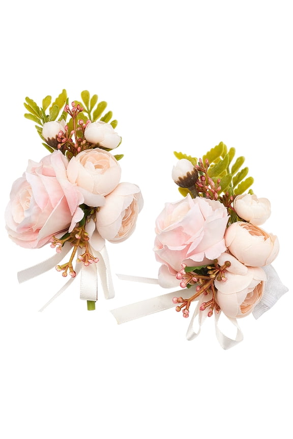 2Pcs 2 Style Silk Cloth Rose Flower Boutonniere Brooch Wrist Corsage for Wedding Party Decorations Lavender Blush 120~135x75~80x61mm 1pc/style