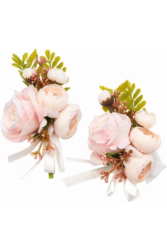 2Pcs 2 Style Silk Cloth Rose Flower Boutonniere Brooch & Wrist Corsage for Wedding Party Decorations Lavender Blush 120~135x75~80x61mm 1pc/style