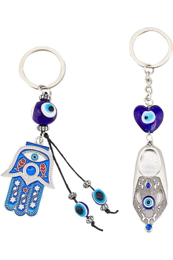 2Pcs 2 Style Turkish Blue Evil Eye Lucky Shoes/Hamsa Hand/Hand of Miriam Pendant Alloy Keychain with Iron Findings Antique Silver & Platinum 13.6~14.5cm 1pc/style