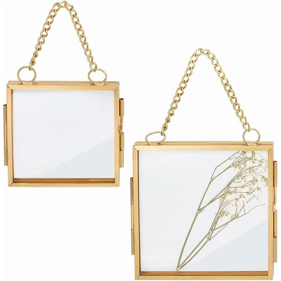 2Pcs 2 Style Wall Hanging Iron Double Folding Picture Frames with Alloy Photo Frames Square Golden 105~134mm 1pc/style diy