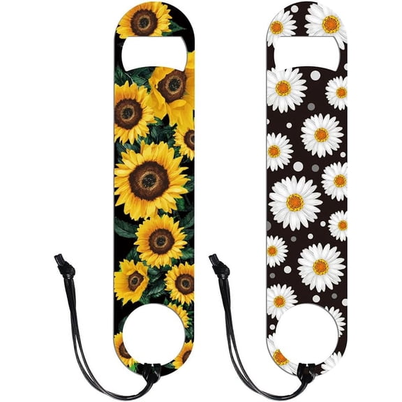 2Pcs 2 Styles 201 Stainless Steel Bottle Opener with PU Leather Cord Rectangle Flower 178x38x2mm 1pc/style