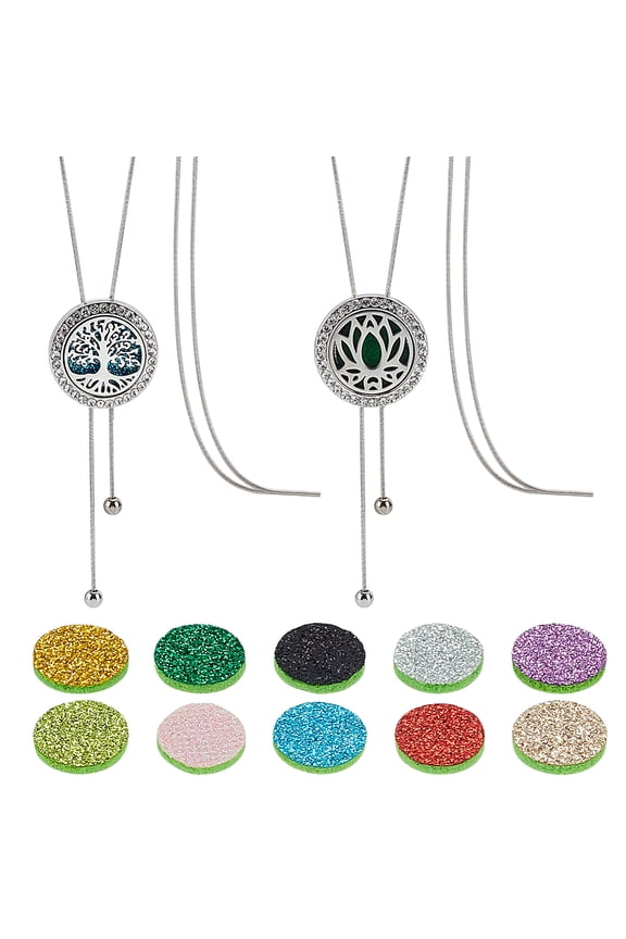 2Pcs 2 Styles Adjustable Stainless Steel Hollow Flat Round Diffuser Locket Pendant Lariat Necklaces with 20Pcs Changeable Perfume Pads