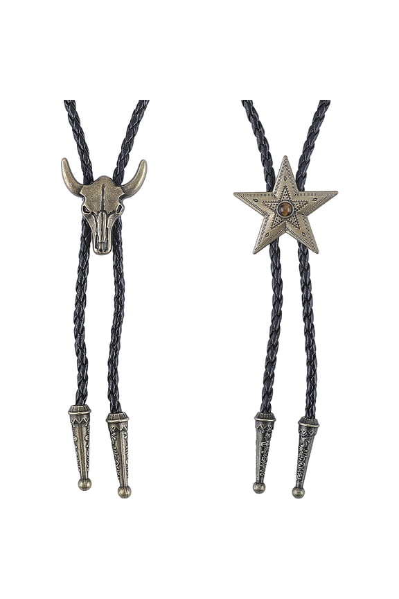 2Pcs 2 Styles Adjustable Vintage PU Leather Bolo Tie Alloy Pendant Lariat Necklaces Bronze 40.94~41.34 inch(104~105cm) 1pc/style