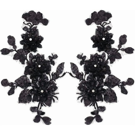 2Pcs 2 Styles Black Floral Embroidery Applique Vintage Beaded Sequin Lace Appliques 3D Flower Rhinestone Sew on Ornament Patches for DIY Sewing Making Dresses Gowns Party Bag Jeans Shirt Supply