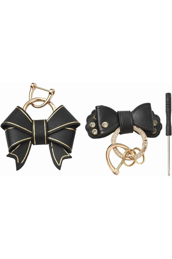 2Pcs 2 Styles Black Keychain Charms Bag Keychain Coquette Aesthetic Bling Rhinestone Bowknot PU Leather D Ring Pendant Key Chains Accessories for Handbags Car Keys Bags Purse DIY Decor Black
