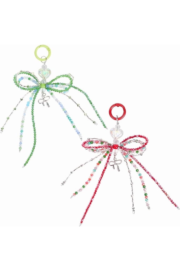 2Pcs 2 Styles Bowknot Shoes Charms Beaded Shoe Charm Clips Glass Beads Hanging Ornament with Alloy Spring Gate Ring Shoelace Pendant Decoration for Sneaker Boots Handbags Bag Keychains colorful DIY