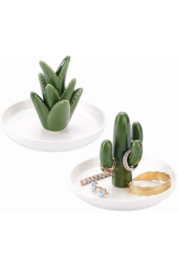 2Pcs 2 Styles Cactus Aloe Porcelain Jewelry Plates Rings Necklaces Bracelets Trinket Dark Green 130mm Cactus: 60x41mm 1pc/style
