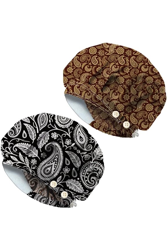 2Pcs 2 Styles Cotton Adjustable Printed Bouffant Hats Working Caps for Women Men with Button Mixed Shapes Inner Diameter: 400-600mm 1pc/style