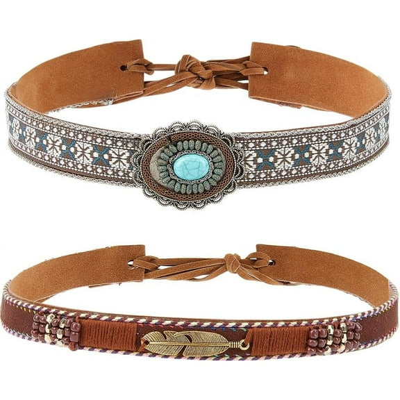 2Pcs 2 Styles Cowboy Western Hat Band Handmade Vintage Adjustable Belts with Alloy Feather Imitation Leather Brown Ethnic Hats Belt Replacement