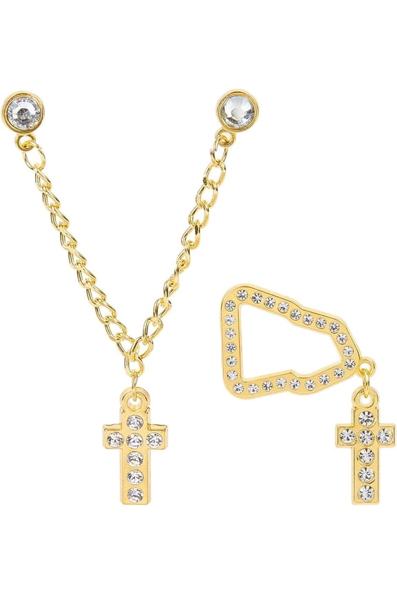 2Pcs 2 Styles Cross Alloy Enamel Hanging Chain Brooches Baseball Hat Pin Decoration with Rhinestone Golden 37x39x3mm