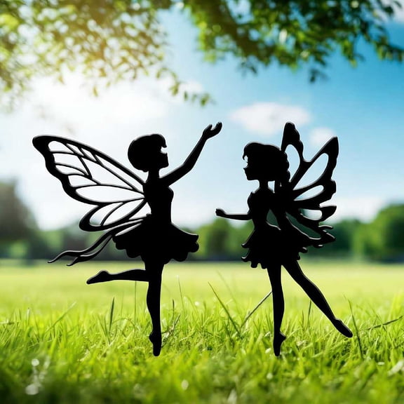 2Pcs 2 Styles Fairy Yard Stakes Garden Stake Art Mixed Sizes Metal Decorative Black Angel Garden Silhouette DIY