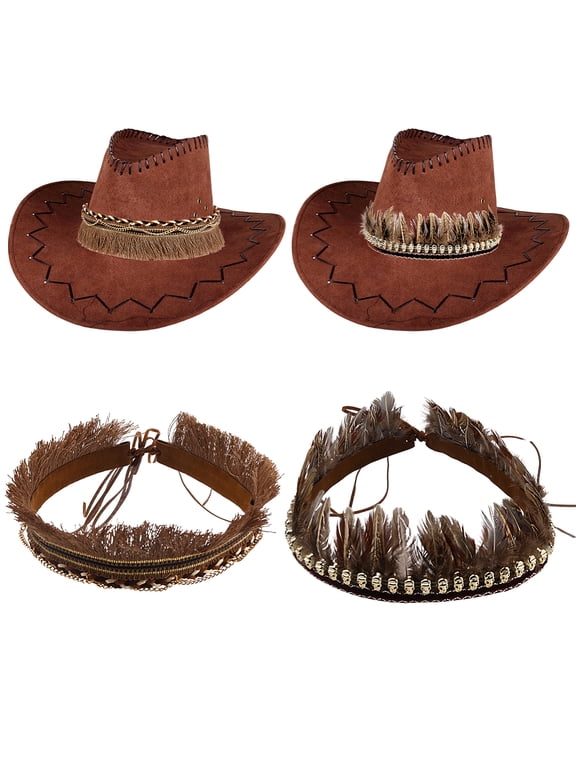 2Pcs 2 Styles Feather PU Leather Polyester Plastic Hat Bands for Cowboy Hat Bend Brim Fedora Hat Straw Hat Decoration Coconut Brown 1310mm 1pcs/style