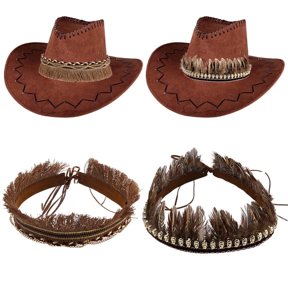 2Pcs 2 Styles Feather PU Leather Polyester Plastic Hat Bands for Cowboy Hat Bend Brim Fedora Hat Straw Hat Decoration Coconut Brown 1310mm 1pcs/style