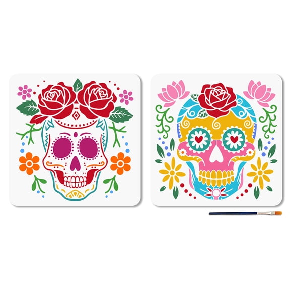 2Pcs 2 Styles Floral Pattern Stencils 11.8x11.8inch Day of The Dead Reusable Scary Stencil with Brush