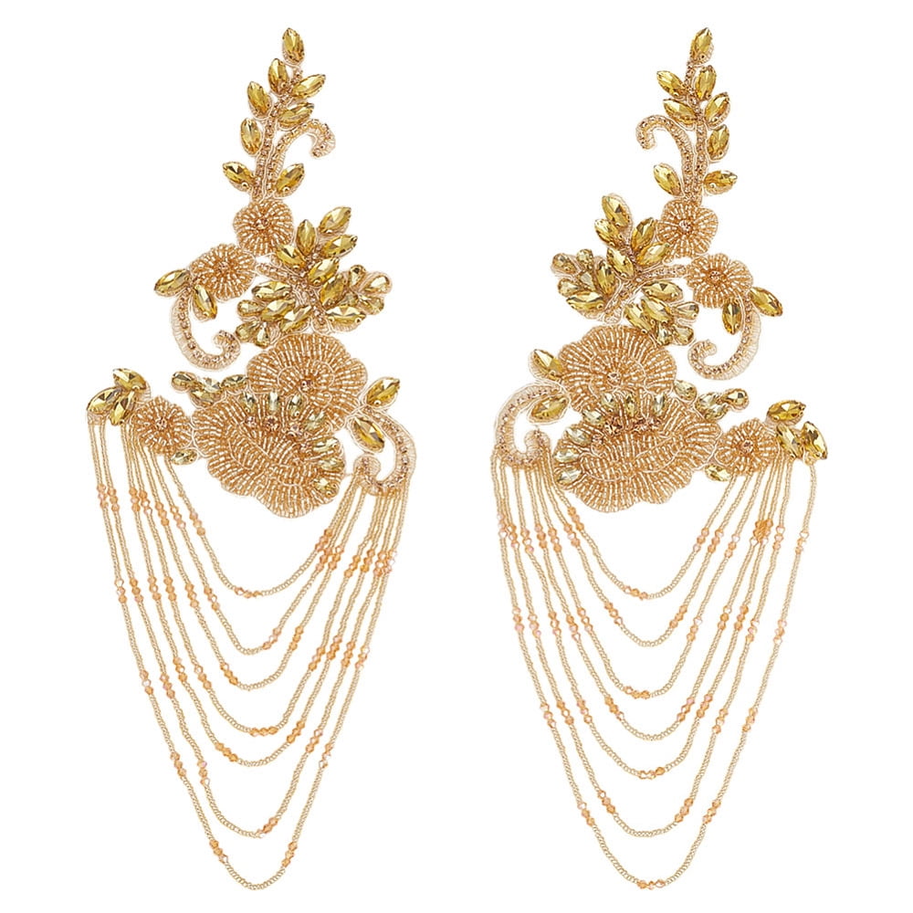 2Pcs 2 Styles Flower Computerized Embroidery Ornament Accessories with Rhinestone Glass Seed Beads for DIY Clothes Bag Pants Decoration Gold