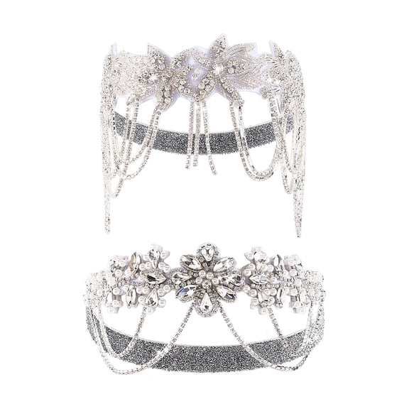 2Pcs 2 Styles Flower Forehead Rhinestone Headbands 270~506x49~105x7.5~12mm 1pc/style