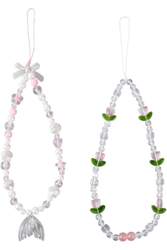 2Pcs 2 Styles Handmade Acrylic Phone Hand Strap Beaded Chains Mixed Color 258mm Leaf Fishtail Mixed Color