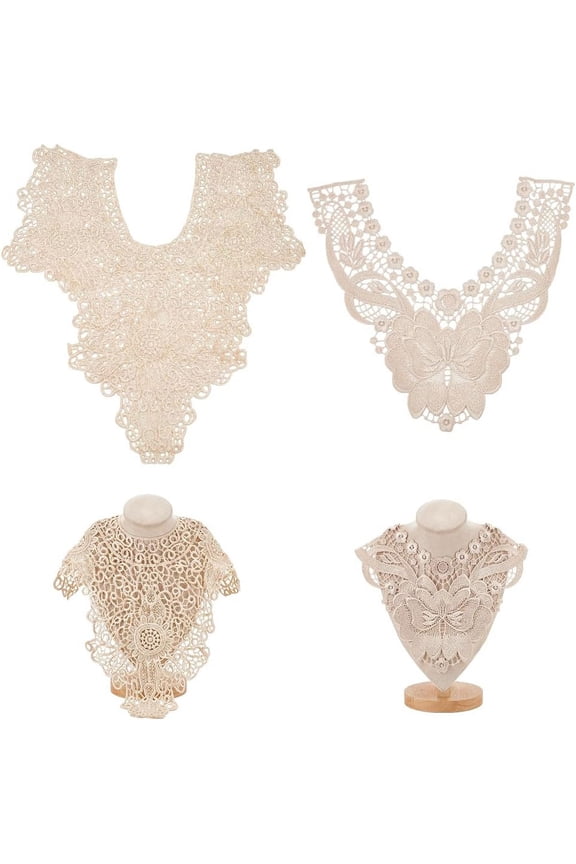 2Pcs 2 Styles Lace Collar Beige Cut-Out Fake Collar Removable Lace Collar Trim for DIY Lace Accessories Embroidered Applique Garment Bra Trim