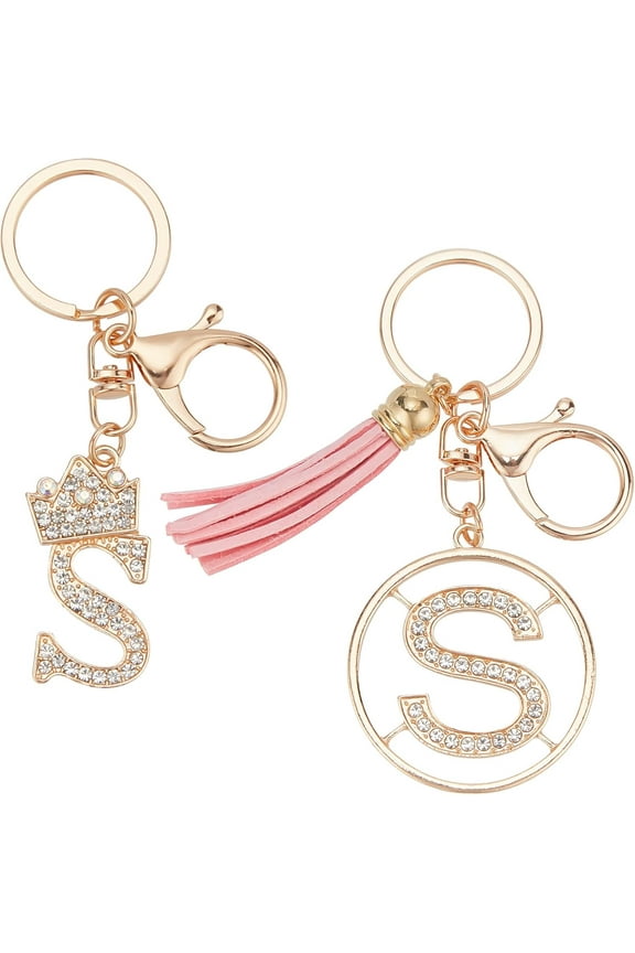 2Pcs 2 Styles Letter Keyring Letter S Keychain with Lobster Claw Clasps Alloy Rhineston Alphabet Pendants with Tassel and Crown Key Rings for Car Keys Wallet and Shoocl Bag Decoration Light Gold