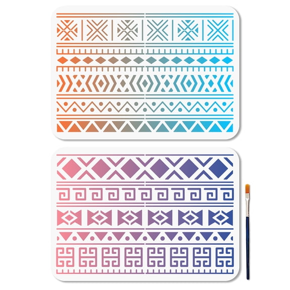 2Pcs 2 Styles Mudcloth Elements Pattern Stencil 8.3x11.7inch Tribal Borders Drawing Template African Boho Floral Frame Stencils