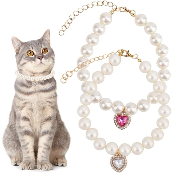2Pcs 2 Styles Pearl Cat Collar Pet Necklace Collar Resin Imitation Pearls Beaded Adjustable Extender Necklaces with Alloy Rhinestone Heart Charm for Small Dog Jewelry Accessories 9.4 Inch Gold