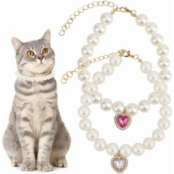 2Pcs 2 Styles Pearl Cat Collar Pet Necklace Collar Resin Imitation Pearls Beaded Adjustable Extender Necklaces with Alloy Rhinestone Heart Charm for Small Dog Jewelry Accessories 9.4 Inch