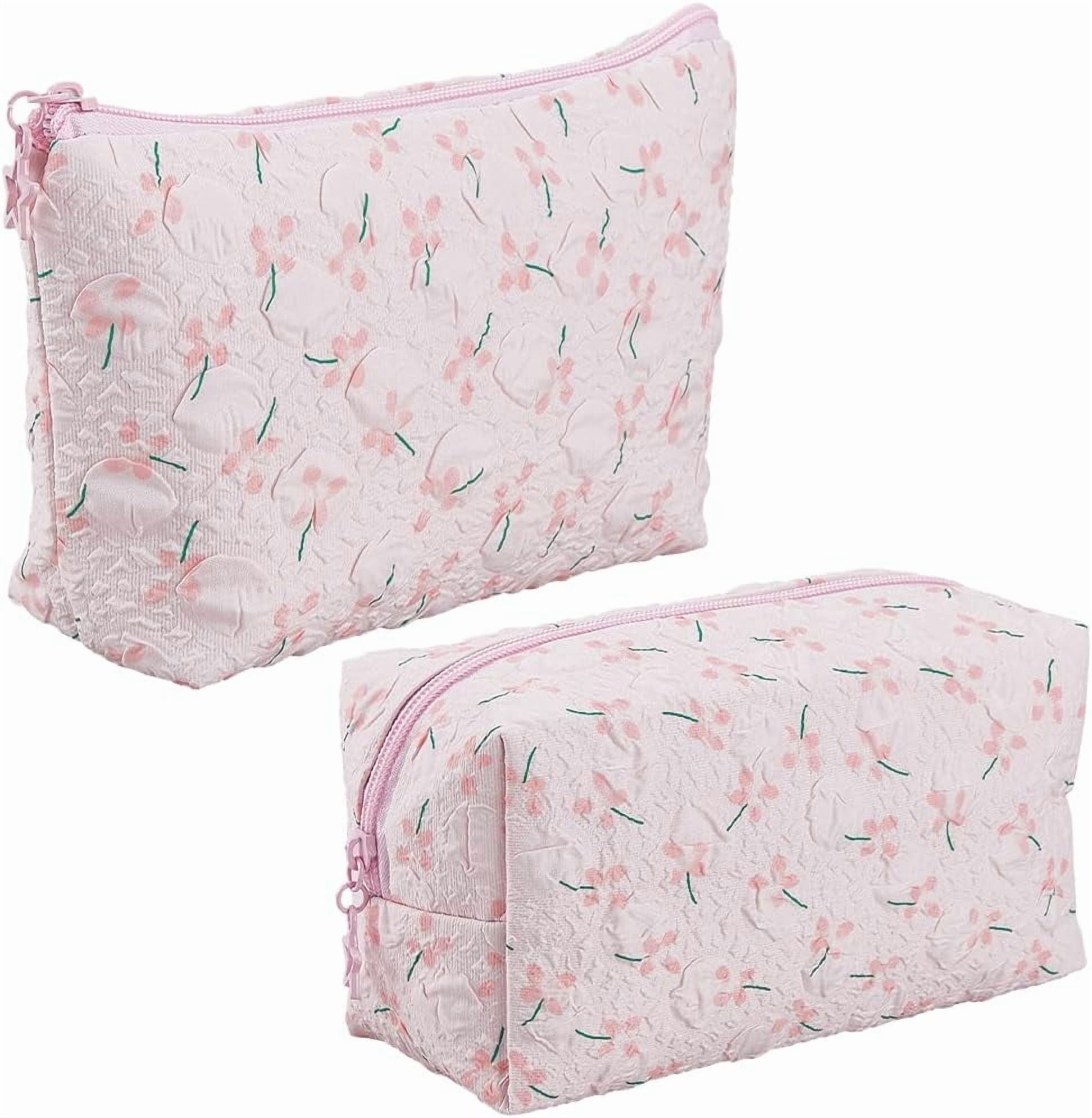 2Pcs 2 Styles Pink Cute Floral Makeup Bag Set Quilted