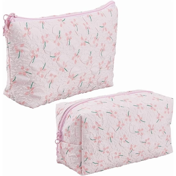 2Pcs 2 Styles Pink Cute Floral Makeup Bag Set Quilted Zipper Make Up Portable Storage Toiletry Organizer Cloth Clutch Bags Polyester Flower Cosmetic Pouch Bulk for Women Travel Accessories