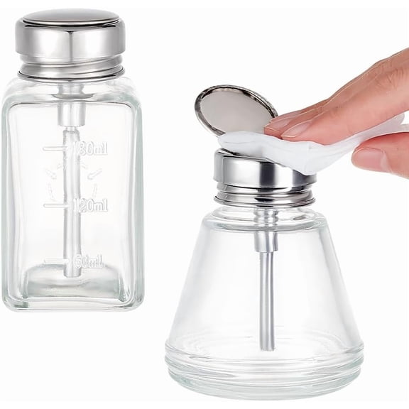 2Pcs 2 Styles Pump Dispenser Bottle Empty Push Down Glass Dispenser Bottle with Stainless Steel Flip Cap for Nail Polish Alcohol Clear for DIY