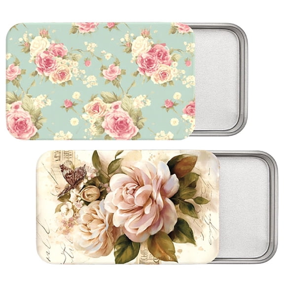 2Pcs 2 Styles Rectangle Tinplate Printed Storage Boxs with Slider Lids Gift Packaging Cases Flower 8x5x1.5cm