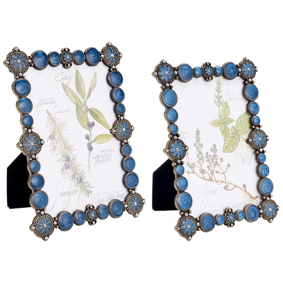 2Pcs 2 Styles Rectangle Zinc Alloy Enamel Photo Frame Stand with Glass Rhinestone for Home Table Decor Royal Blue 177~208x129~156x13~15mm
