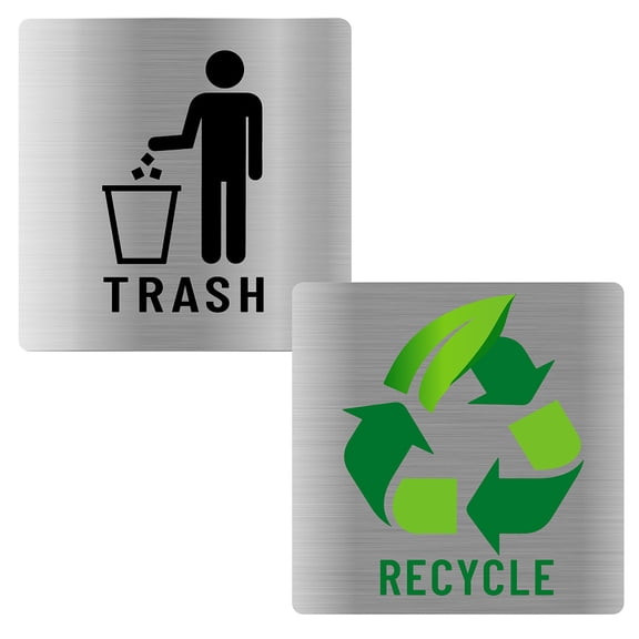 2Pcs 2 Styles Recycle and Trash Stickers Trash Bin Sign Stainless Steel Style Square Plastic Self-Adhesive Waterproof Decals 6.5 Inch