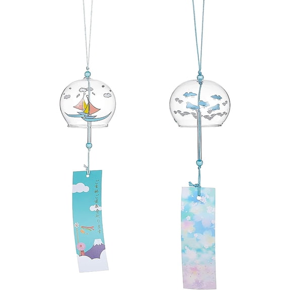 2Pcs 2 Styles Round with Boat Bird Pattern Glass Wind Chime with Polyester Cord Paper Blue 425mm 1pc