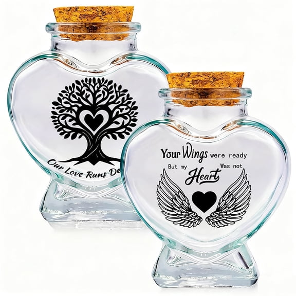 2Pcs 2 Styles Single Face Printed Transparent Glass Empty Bottles Pet Fur Keepsake Containers with Cork Stopper Wing 6.3x7.5cm 1pc/style for DIY