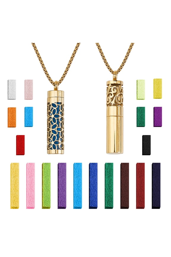 2Pcs 2 Styles Stainless Steel Perfume Bottle Necklaces Hollow Column Diffuser Pendant Necklaces with 20Pcs Changeable Perfume Pads Golden Mixed Shapes