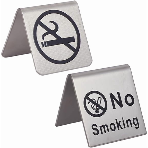 2Pcs 2 Styles Stainless Steel No Smoking Table Sign Double Side Non-Smoking Warning Sign Card Desk Logo Indicator Office Outdoor Hotel Hospitals Clubs Room Business Silver Stainless Steel Color