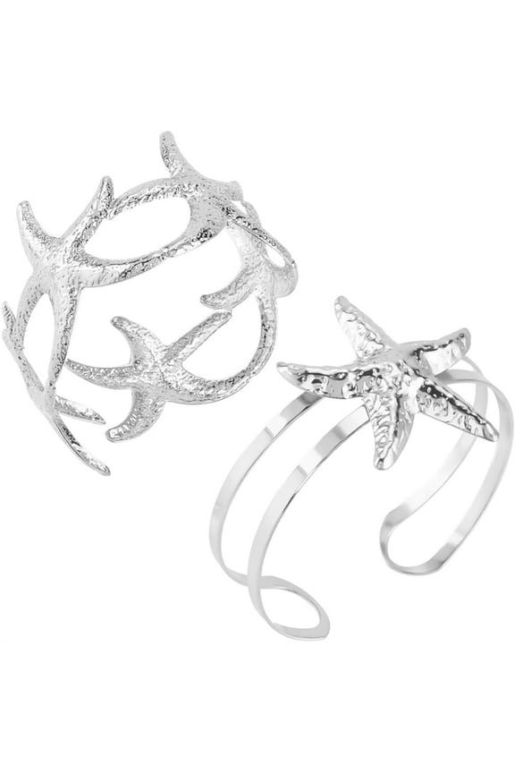 2Pcs 2 Styles Starfish Shell Cuff Bracelet Boho Summer Beach Sea Coral Upper Arm Cuff Bangle Bracelets Open Coil Adjustable Metal Arm Jewelry for Women Party Clubs Dresses Decor Costume for DIY