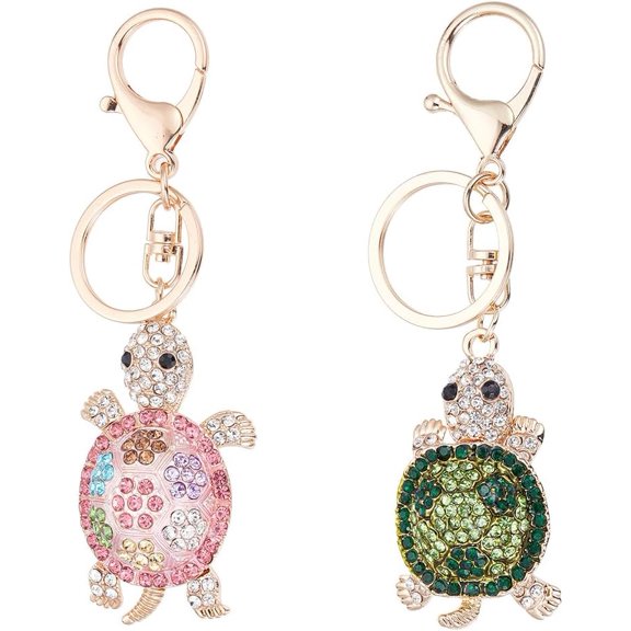 2Pcs 2 Styles Tortoise Rhinestones Charm Keychain with Alloy Findings for Bag Purse Car Ornament Mixed Color 11.5~13.2cm 1pc/style