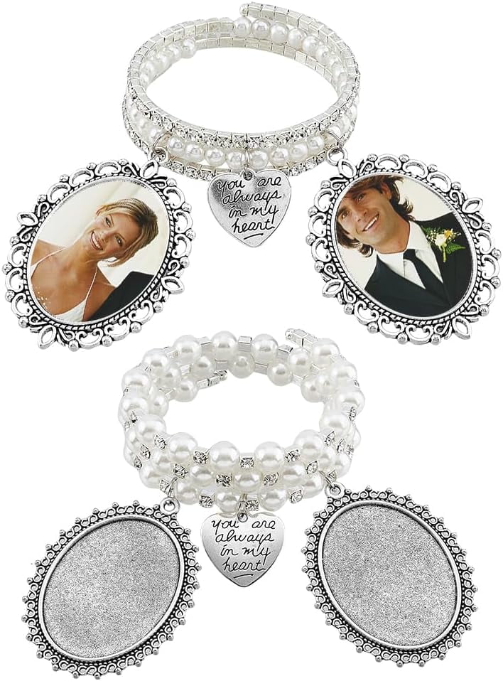 NOBRAND 2Pcs 2 Styles Wedding Bouquet Picture Frame Bouquet Charms for Wedding Pearl Rhinestone Triple Loops Memorial Photo Charms with Glass Cabochons DIY