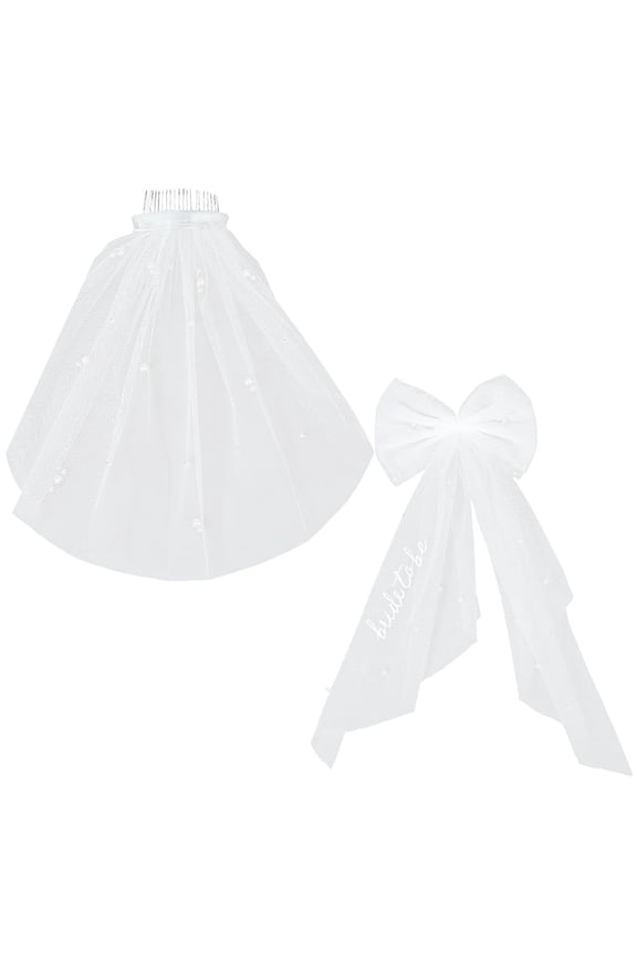 2Pcs 2 Styles White Hair Clip Bridal Bowknot Hair Veil with Pearls Pearl Bride Bachelorette Party Veils Elegant Tulle Layer Headband Barrette Set for Women Bridesmaid Wedding Accessories