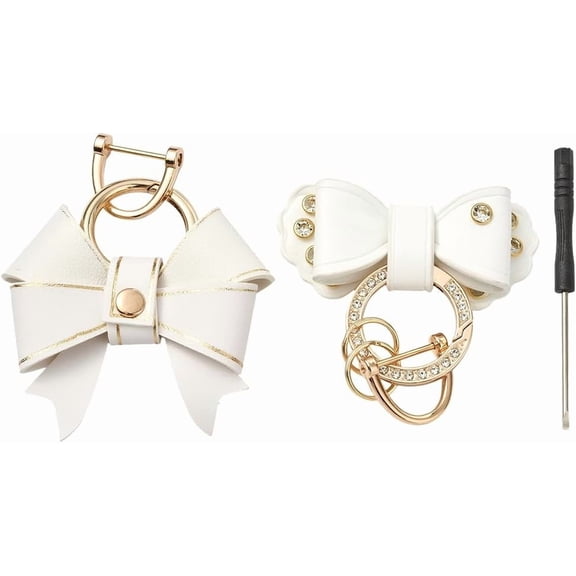 2Pcs 2 Styles White Keychain Coquette Key Chain Bling Rhinestone Aesthetic PU Leather Bowknot D Ring Pendant Charms Keychains Accessories