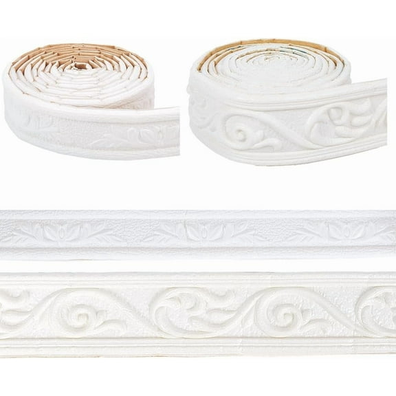2Pcs 2 Styles White Wall Molding Trim Self Adhesive Peel and Stick Wallpaper Border Grain Contact Paper Flexible XPE Bendable Strips Tile Edge DIY for Mirror Window Ceiling Decoration diy