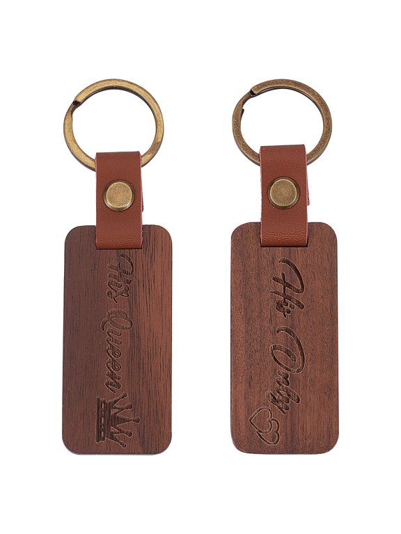 2Pcs 2 Styles Word His Only/His Queen Engraved Wooden with Leather Keychain for Car Keys Anniversary Birthday Gift Ideas Rectangle Camel