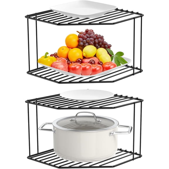 2Pcs 2-Tier Corner Stackable Organizer Shelf for Kitchen - Cabinet Storage Shelf Rack, Shelves