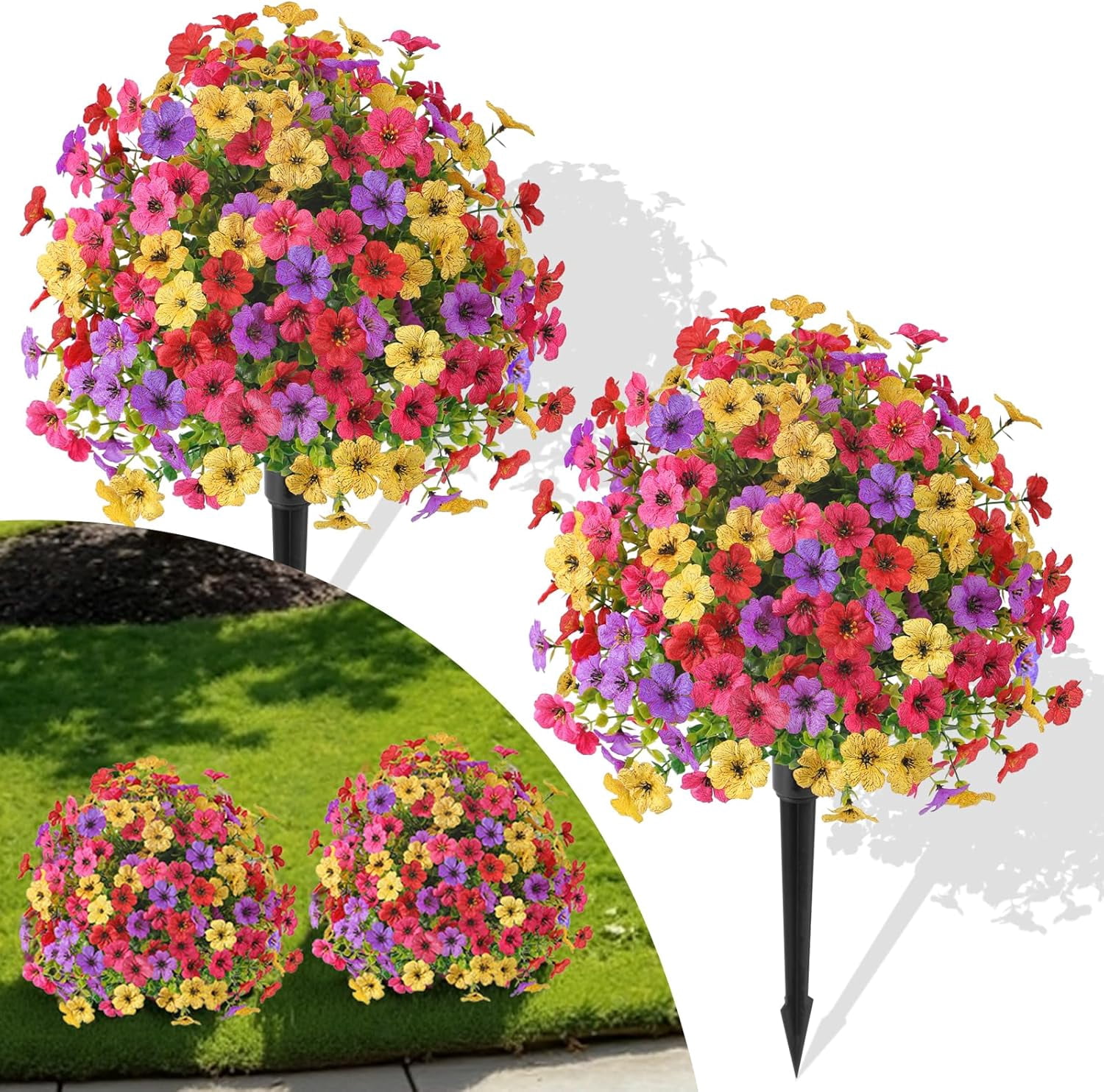 2Pcs 20" Artificial Topiary Ball Flowers For Outdoors Planters, Spring Decoration with Spike, UV Resistant Faux Summer Plants, Fake Bushes Indoor Decor, Mix 4 Colors for Garden
