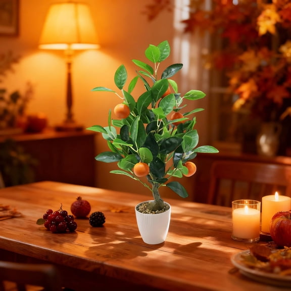 2Pcs 20 Inch Artificial Orange Citrus Tree with White Pot, Faux Potted Plants for Home Living Room Kitchen Office Decor