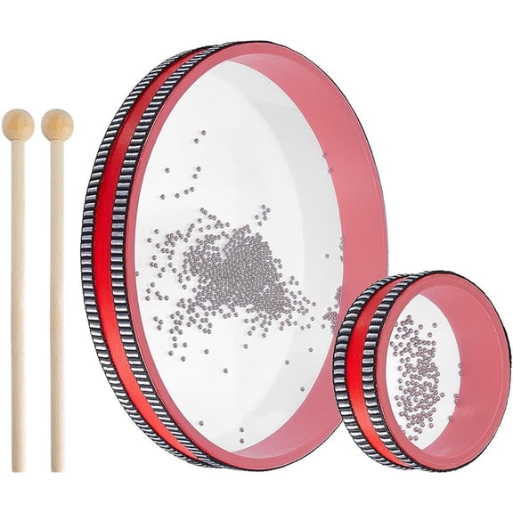 2Pcs 201 Stainless Steel Wave Bead Ocean Drum with 2Pcs Round Head Wood Drumstick Red 104~253x33~34.5mm Craft Supplies